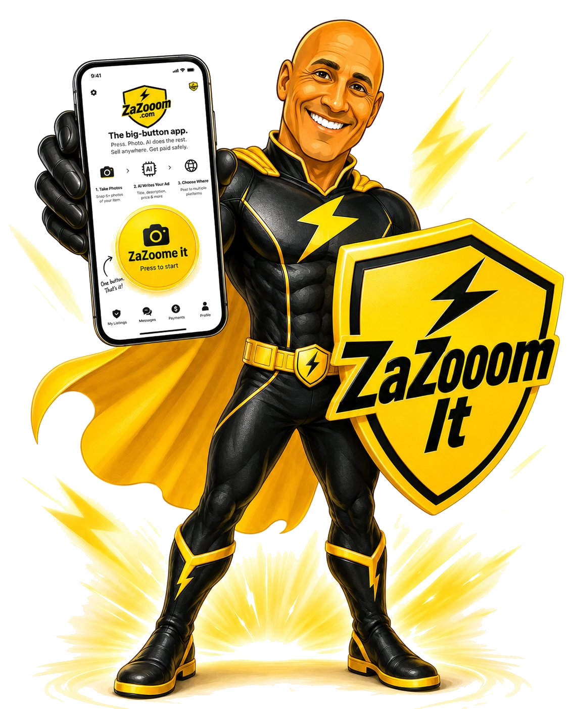 Captain ZaZooom holding the ZaZooom app